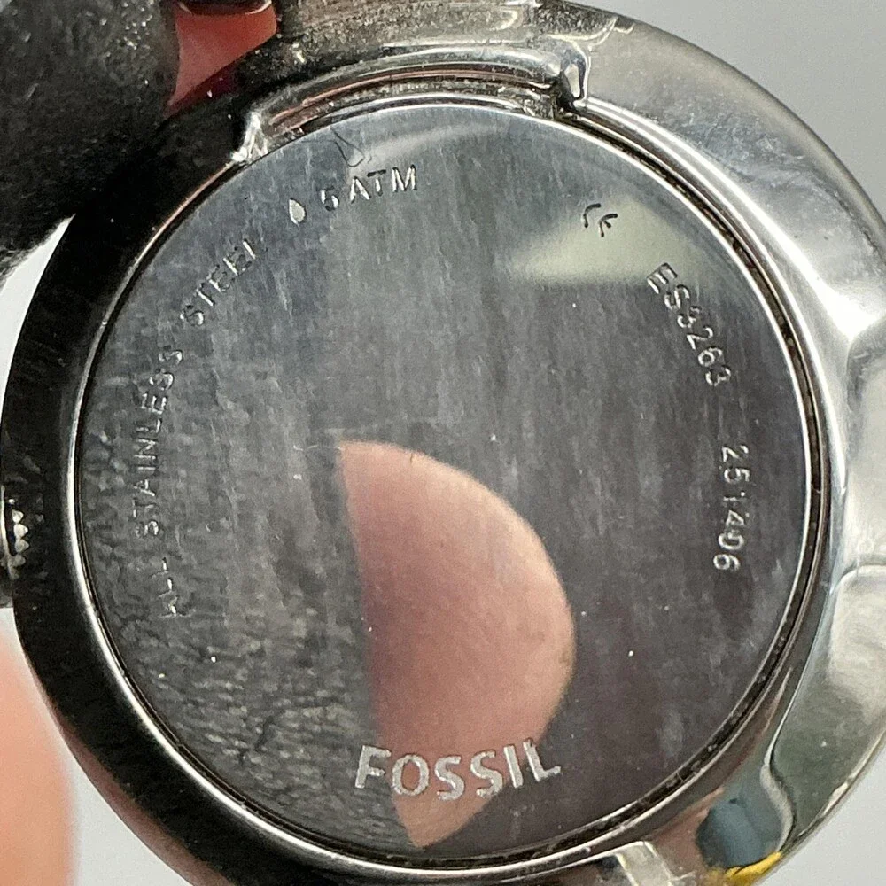 Fossil ES3263 Womens Watch 26mm Silver Dial Black Leather Dress 50M New Battery